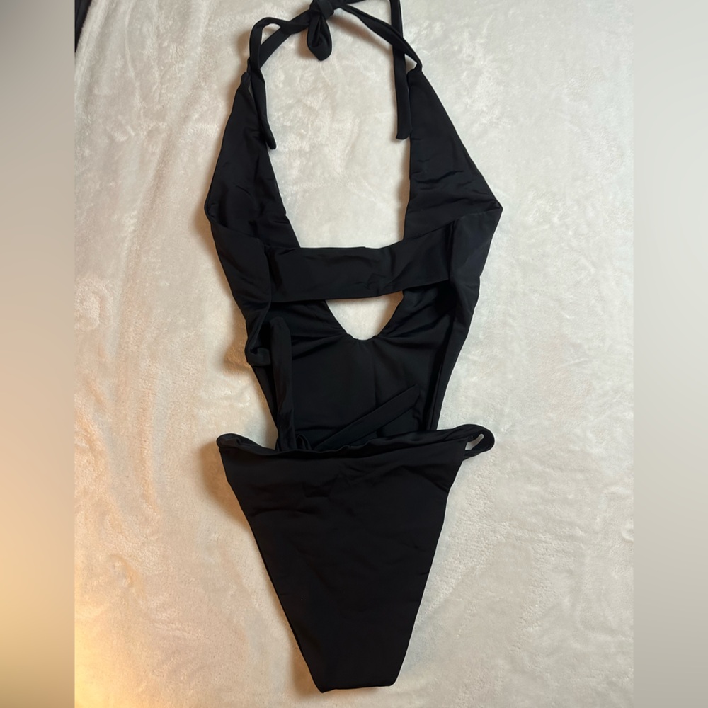 Black Deep V Halter One-Piece Swimsuit - Women Swim - Picture 4 of 6